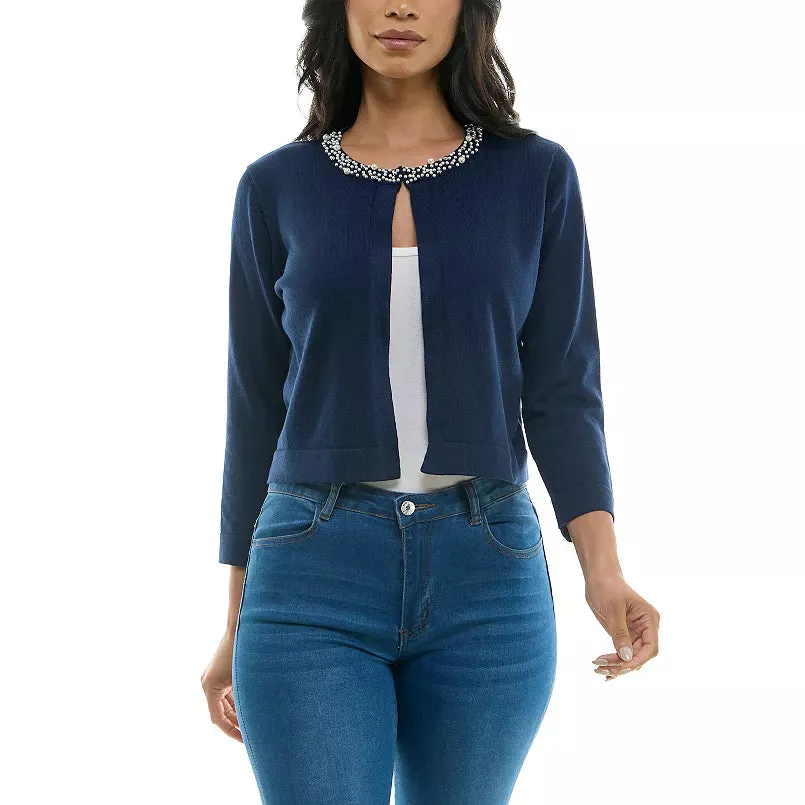 3QL SLEEVE KNIT SWEATER BOLERO NAVY  NINA LEONARD