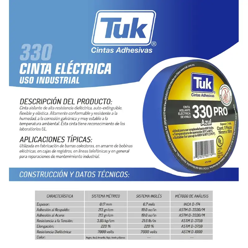 Cinta Aislar Vinilo 330 PRO Azul Tuk 345304 19mmx18m 100pzs