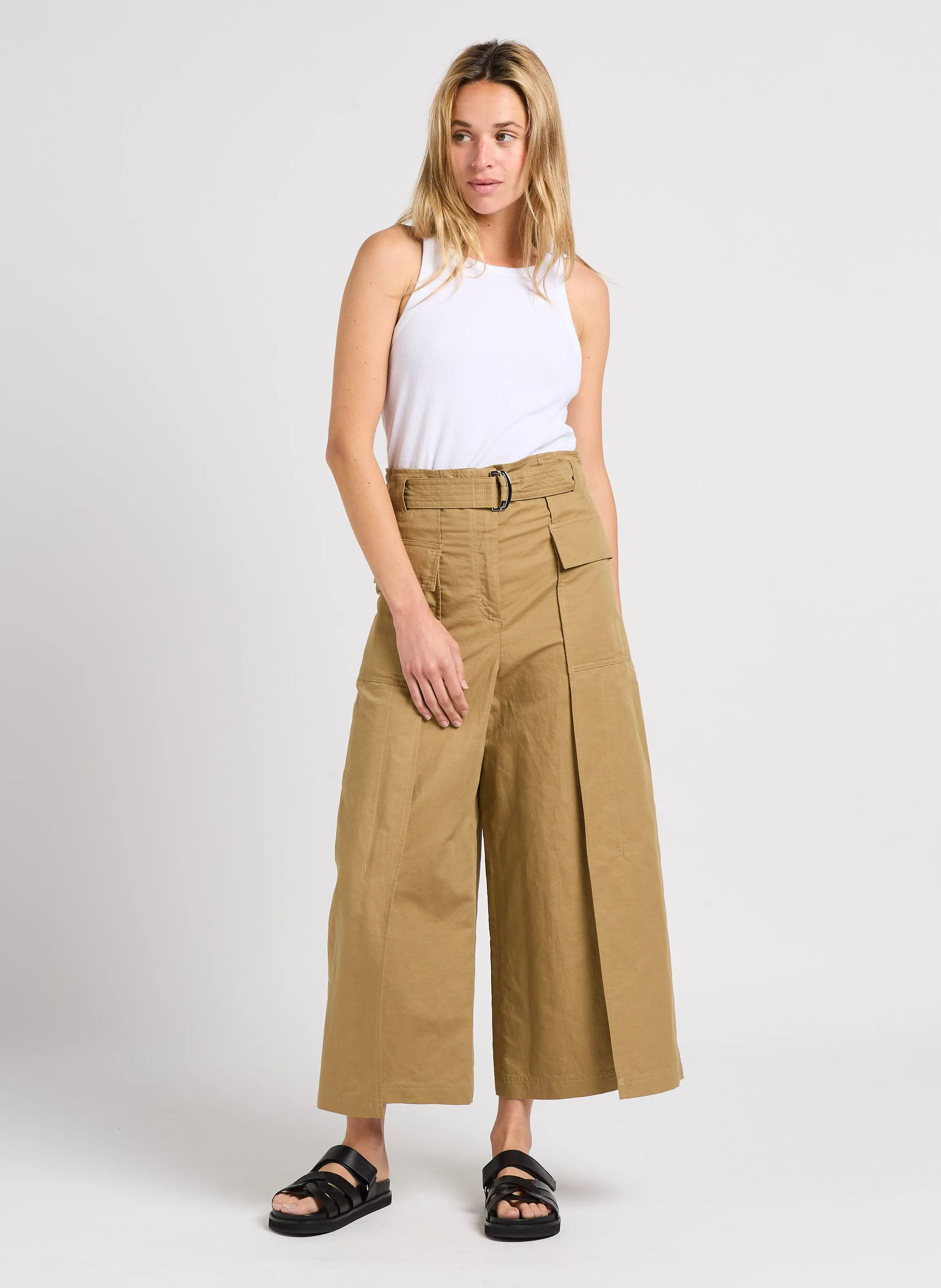 MAX MARA WEEK END PINIDE  PANTALóN ANCHO DE ALGODóN Y LINO EN BEIGE
