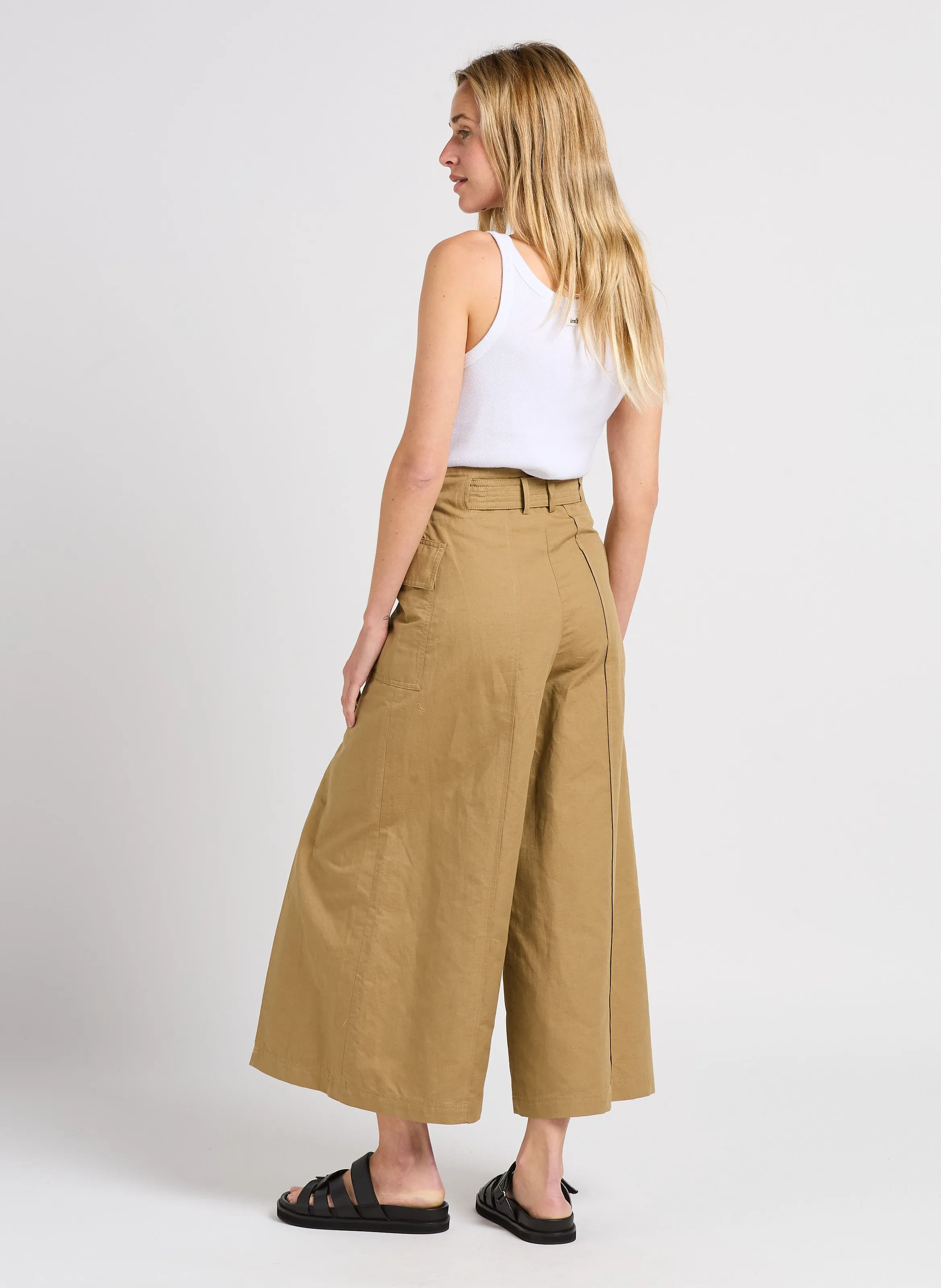 MAX MARA WEEK END PINIDE  PANTALóN ANCHO DE ALGODóN Y LINO EN BEIGE