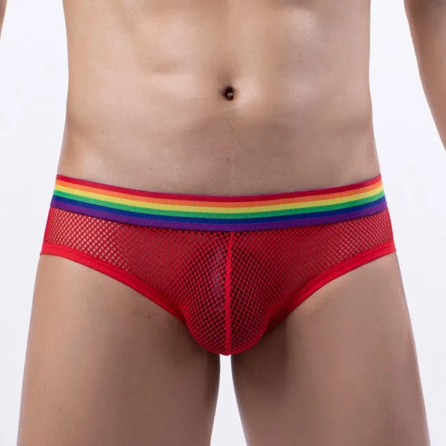 SEXY FISHNET HOLLOW MESH THONG UNDERPANTS RAINBOW WAISTBAND UNDERWEAR PANTIES MENS GSTRING LINGERIE BRIEFS