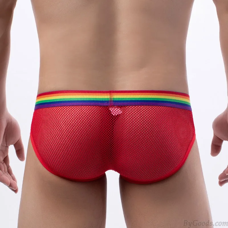 SEXY FISHNET HOLLOW MESH THONG UNDERPANTS RAINBOW WAISTBAND UNDERWEAR PANTIES MENS GSTRING LINGERIE BRIEFS