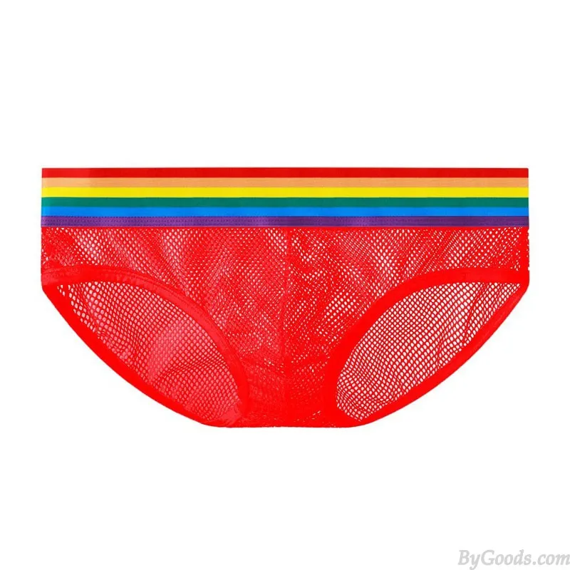 SEXY FISHNET HOLLOW MESH THONG UNDERPANTS RAINBOW WAISTBAND UNDERWEAR PANTIES MENS GSTRING LINGERIE BRIEFS