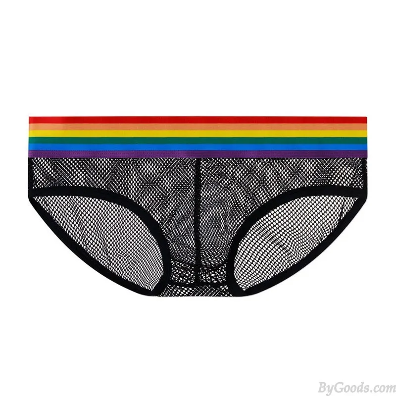 SEXY FISHNET HOLLOW MESH THONG UNDERPANTS RAINBOW WAISTBAND UNDERWEAR PANTIES MENS GSTRING LINGERIE BRIEFS