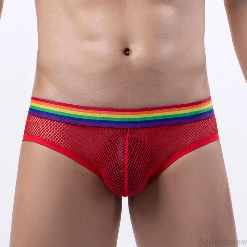 SEXY FISHNET HOLLOW MESH THONG UNDERPANTS RAINBOW WAISTBAND UNDERWEAR PANTIES MENS GSTRING LINGERIE BRIEFS