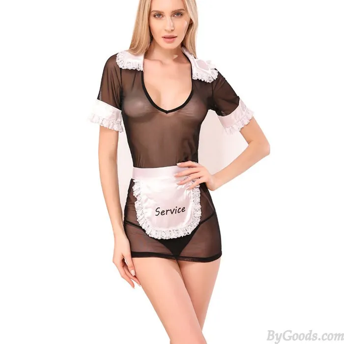 Sexy Perspective Lace Nightgown Chemise Black Mesh Maid Cosplay Women's Lingerie